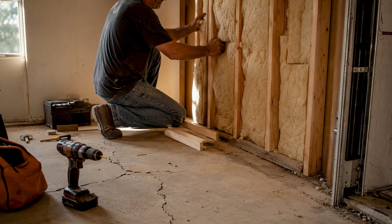 Framing and insulation work infilling garage door